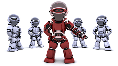 red robot leading a team