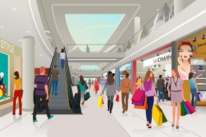 A vector illustration of people shopping in a mall